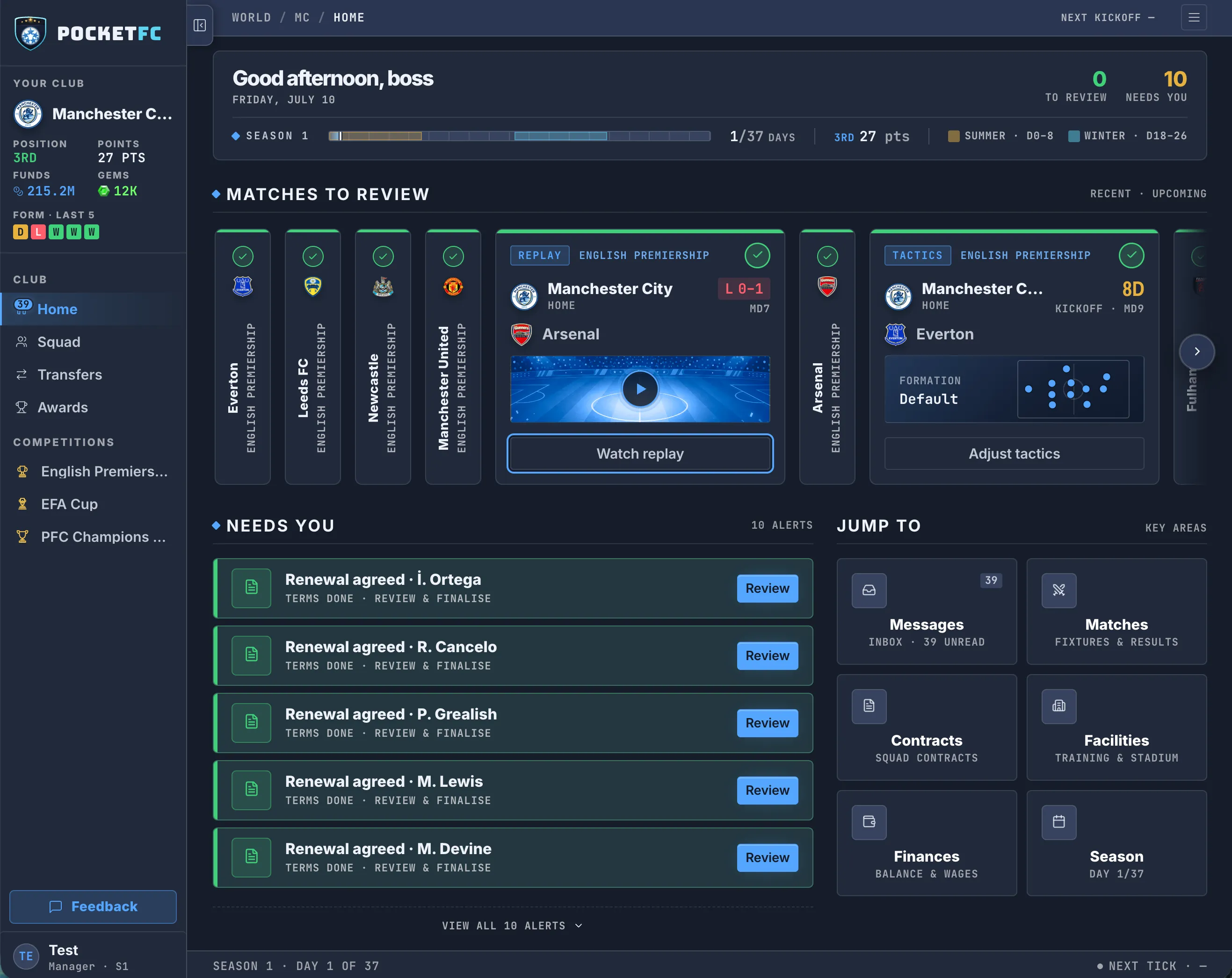 Pocket FC on desktop — the club home dashboard with matches to review, a season timeline and tasks.