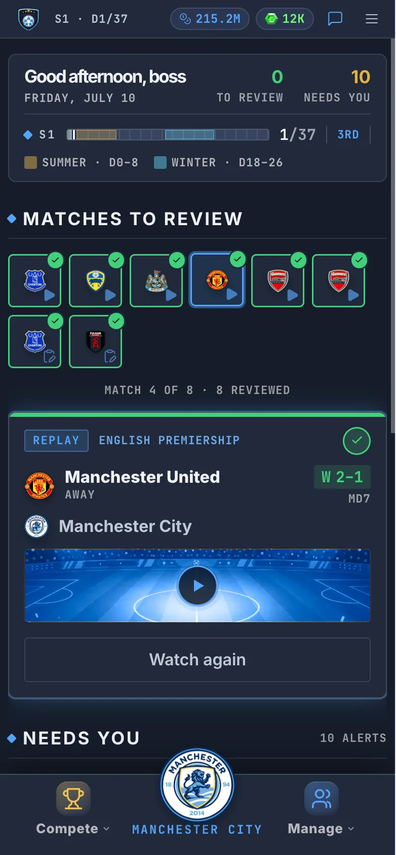 Pocket FC on mobile — today's matches to review.