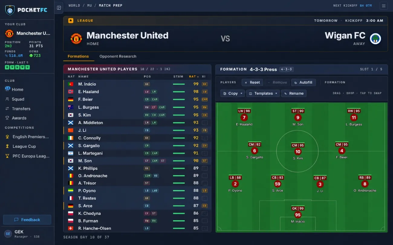 Pocket FC match prep — a 4-3-3 Press formation with the squad list and player ratings.